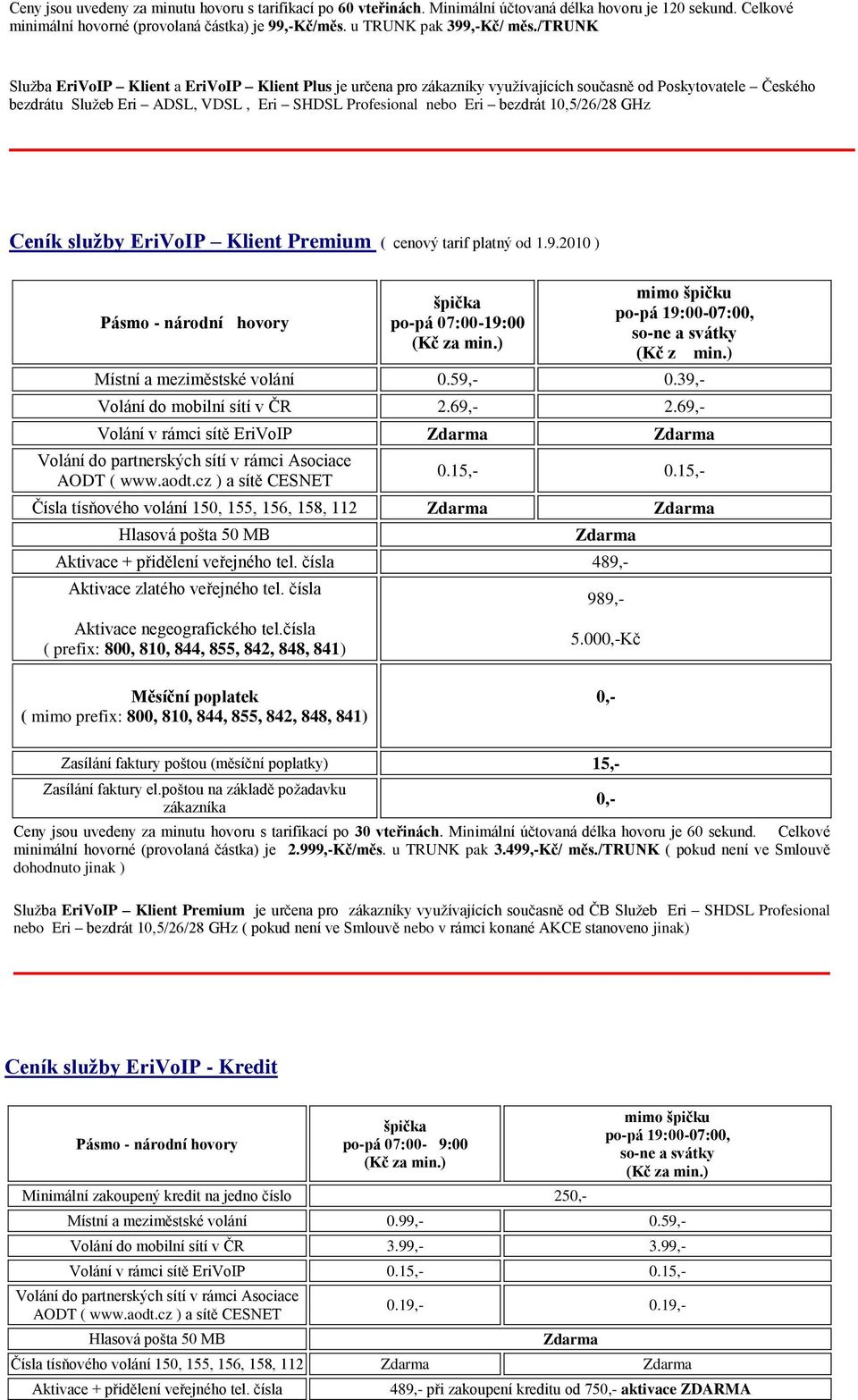 10,5/26/28 GHz Ceník služby EriVoIP Klient Premium ( cenový tarif platný od 1.9.2010 ) Pásmo - národníhovory špička po-pá 07:00-19:00 (Kč za min.