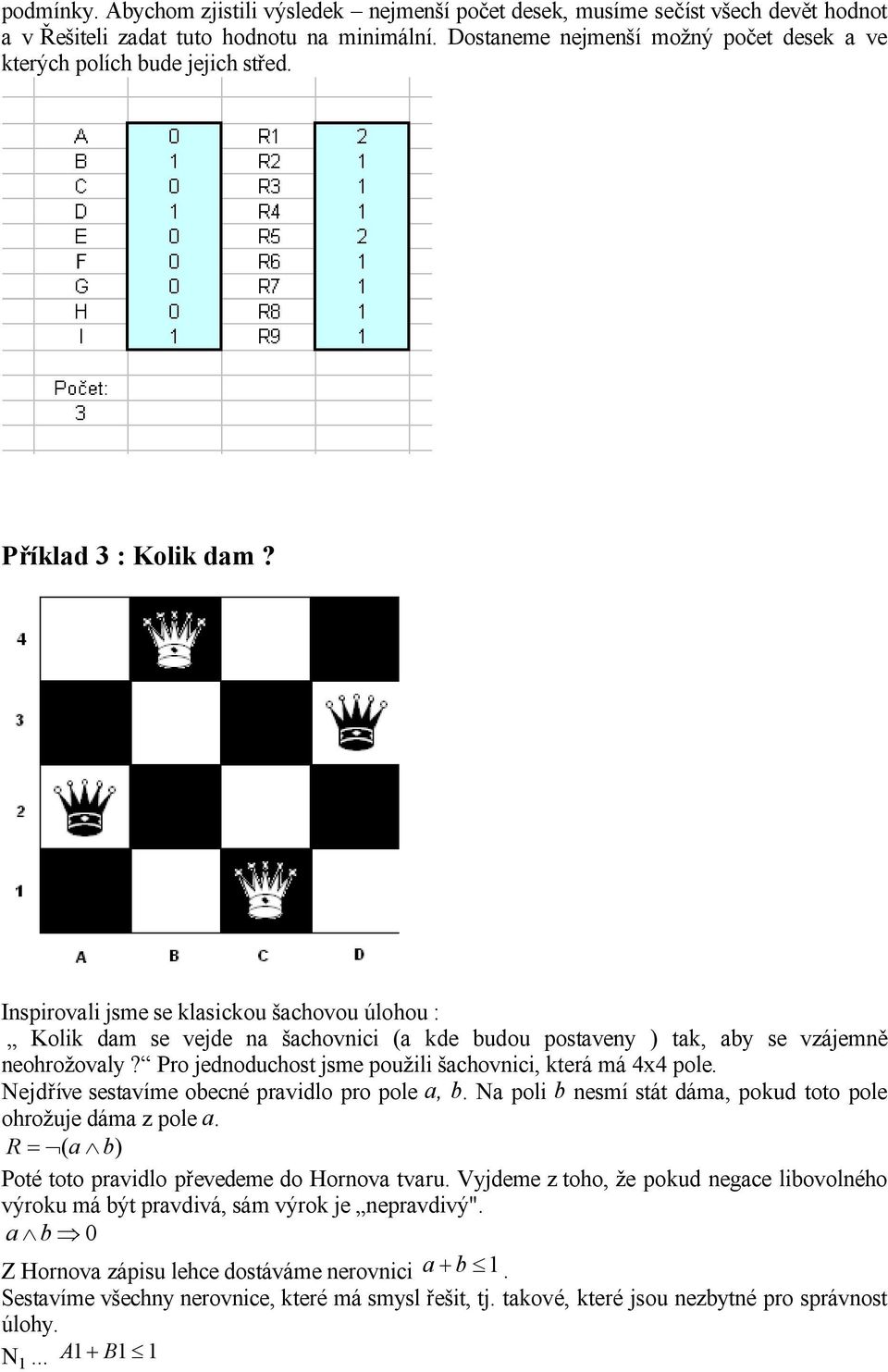 Pro edoduchost se použili šchovici, která á 4x4 pole. Nedříve sestvíe obecé prvidlo pro pole, b. N poli b esí stát dá, pokud toto pole ohrožue dá z pole.