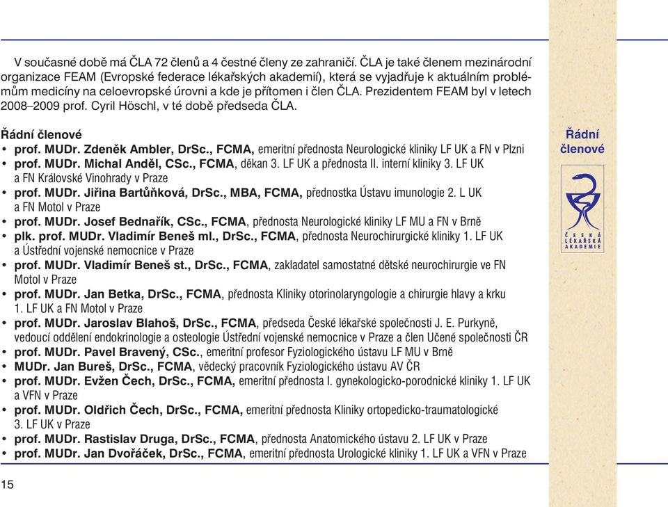 Prezidentem FEAM byl v letech 2008 2009 prof. Cyril Höschl, v té dobì pøedseda ÈLA. Øádní èlenové prof. MUDr. Zdenìk Ambler, DrSc.