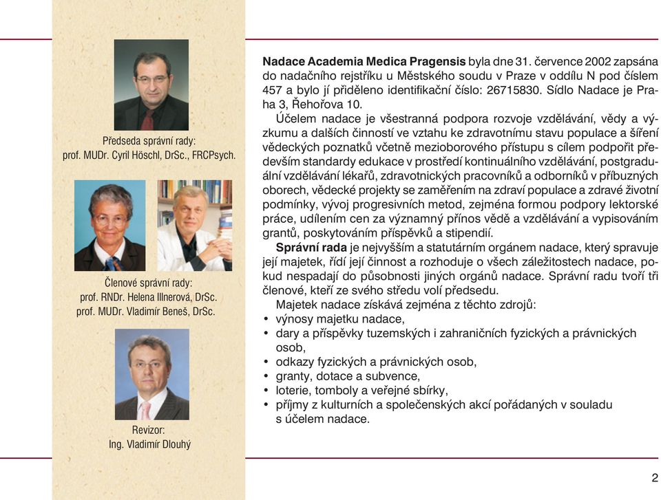 èervence 2002 zapsána do nadaèního rejstøíku u Mìstského soudu v Praze v oddílu N pod èíslem 457 a bylo jí pøidìleno identifikaèní èíslo: 26715830. Sídlo Nadace je Praha 3, Øehoøova 10.