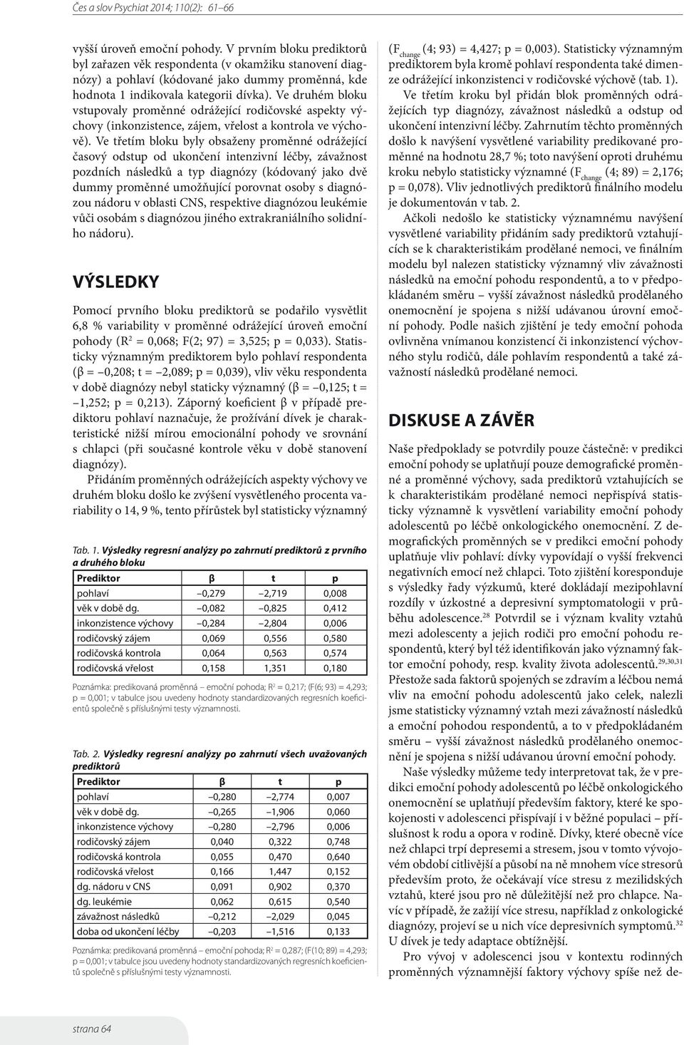 Ve třetím bloku byly obsaženy proměnné odrážející časový odstup od ukončení intenzivní léčby, závažnost pozdních následků a typ diagnózy (kódovaný jako dvě dummy proměnné umožňující porovnat osoby s