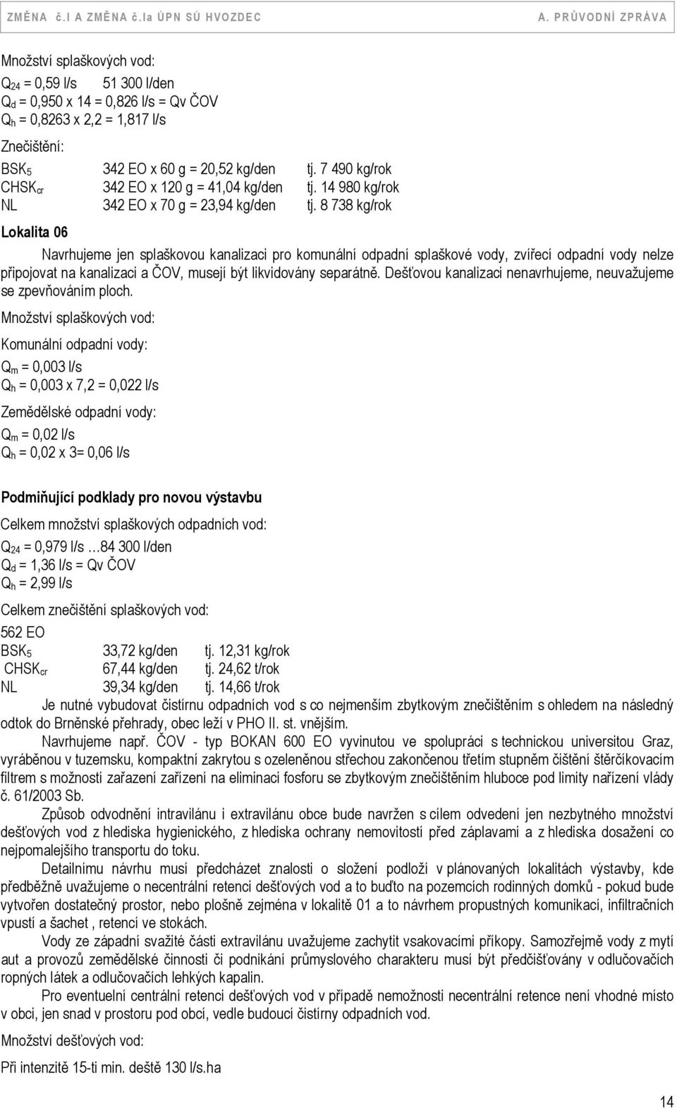 8 738 kg/rok Lokalita 06 Navrhujeme jen splaškovou kanalizaci pro komunální odpadní splaškové vody, zvířecí odpadní vody nelze připojovat na kanalizaci a ČOV, musejí být likvidovány separátně.