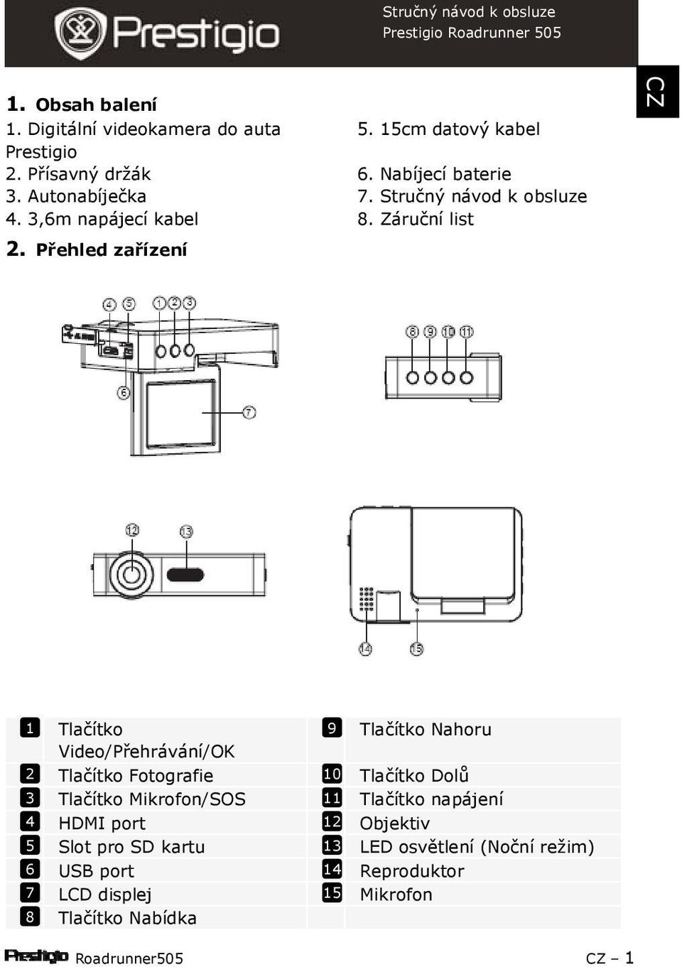 Záruční list 1 2 3 4 5 6 7 8 Tlačítko Video/Přehrávání/OK Tlačítko Fotografie Tlačítko Mikrofon/SOS HDMI port Slot pro SD kartu