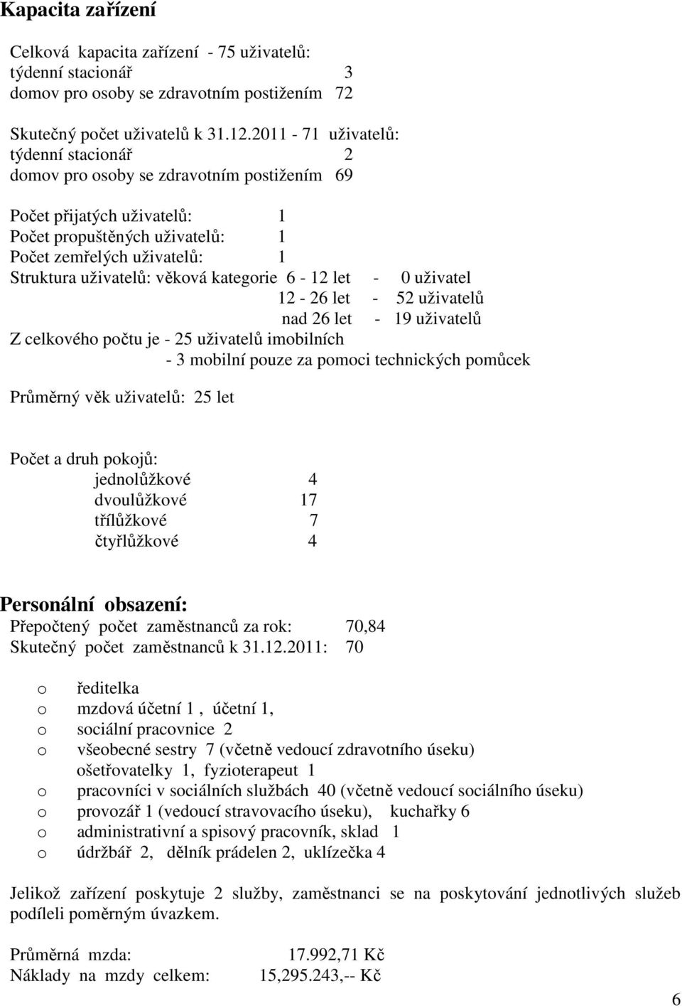 věková kategorie 6-12 let - 0 uživatel 12-26 let - 52 uživatelů nad 26 let - 19 uživatelů Z celkového počtu je - 25 uživatelů imobilních - 3 mobilní pouze za pomoci technických pomůcek Průměrný věk