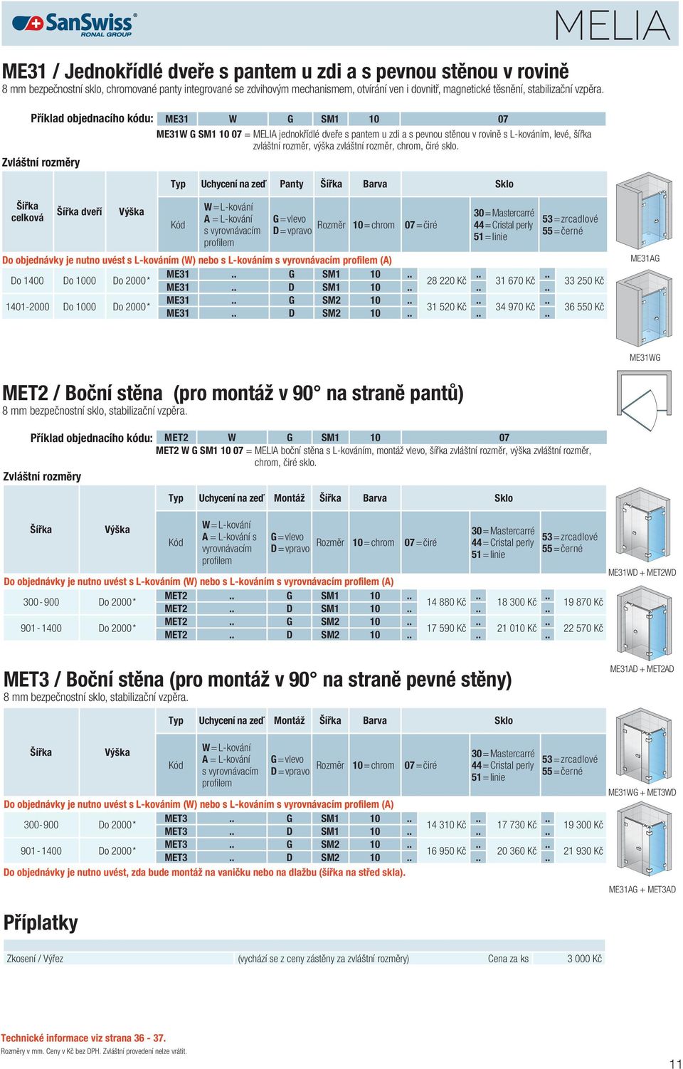 Příklad objednacího kódu: ME31 W G SM1 10 07 ME31W G SM1 10 07 = MELIA jednokřídlé dveře s pantem u zdi a s pevnou stěnou v rovině s L-kováním, levé, šířka zvláštní rozměr, výška zvláštní rozměr,