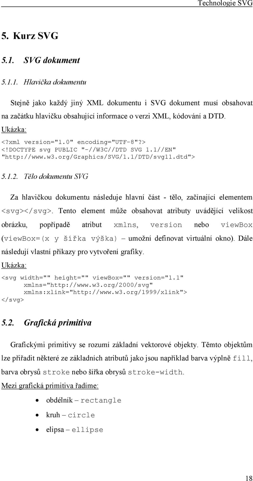 Tělo dokumentu SVG Za hlavičkou dokumentu následuje hlavní část - tělo, začínající elementem <svg></svg>.