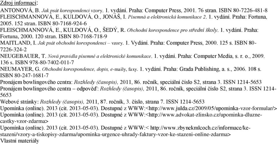 120 stran. ISBN 80-7168-718-9 MAITLAND, I. Jak psát obchodní korespondenci vzory. 1. Vydání. Praha: Computer Press, 2000. 125 s. ISBN 80-7226-324-2 NEUGEBAUER, T.