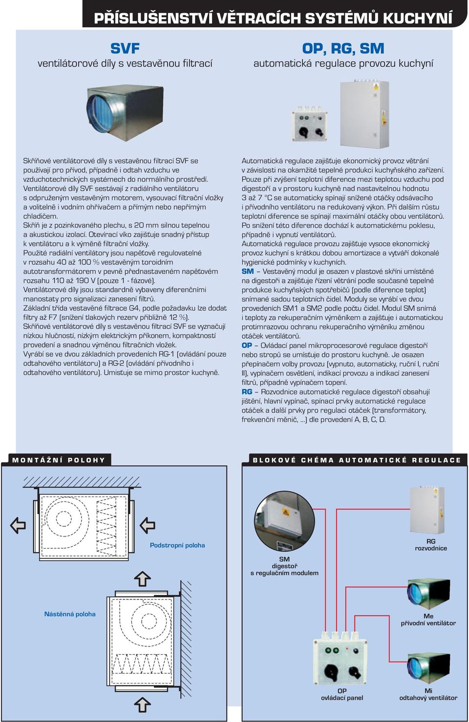 Ventilátorové díly SVF sestávají z radiálního ventilátoru s odpruženým vestavěným motorem, vysouvací filtrační vložky a volitelně i vodním ohřívačem a přímým nebo nepřímým chladičem.