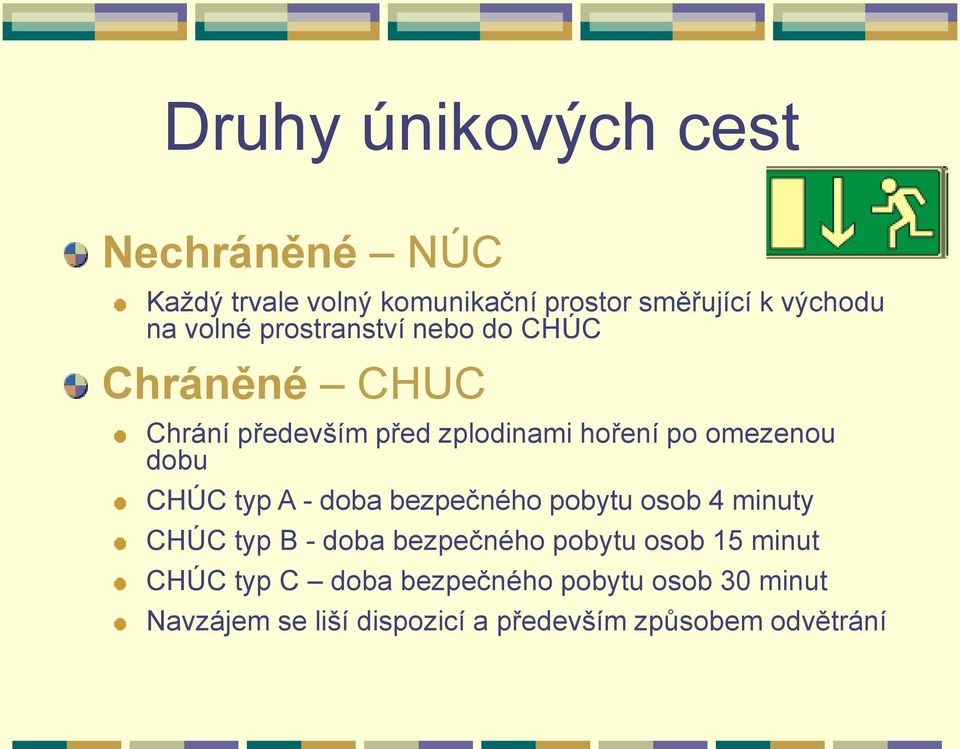 dobu CHÚC typ A - doba bezpečného pobytu osob 4 minuty CHÚC typ B - doba bezpečného pobytu osob 15