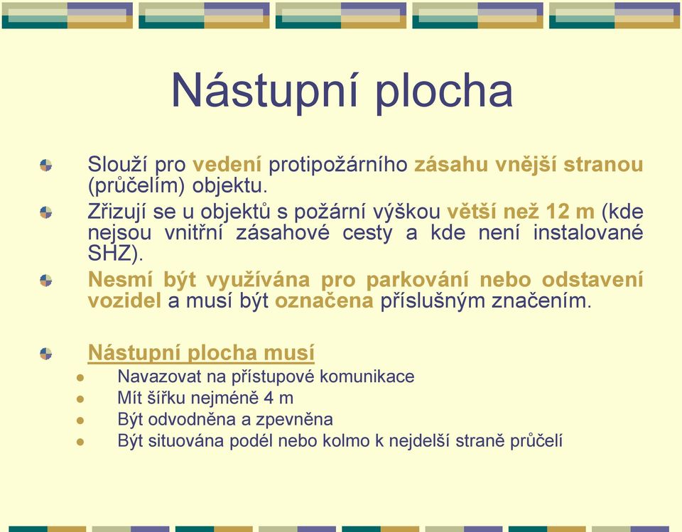 Nesmí být využívána pro parkování nebo odstavení vozidel a musí být označena příslušným značením.