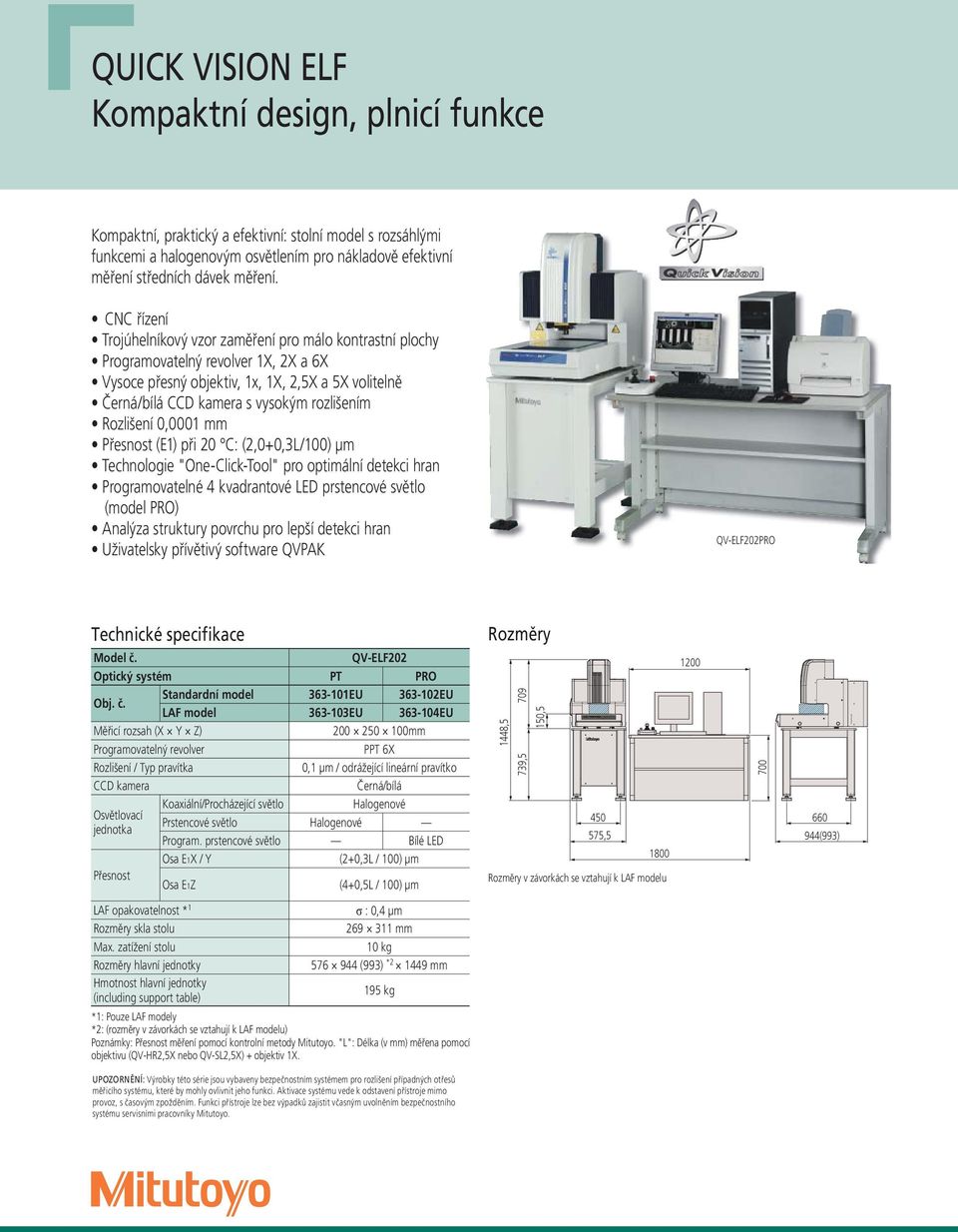 Rozlišení 0,0001 mm Přesnost (E1) při 20 C: (2,0+0,3L/100) μm Technologie "One-Click-Tool" pro optimální detekci hran Programovatelné 4 kvadrantové LED prstencové světlo (model PRO) Analýza struktury