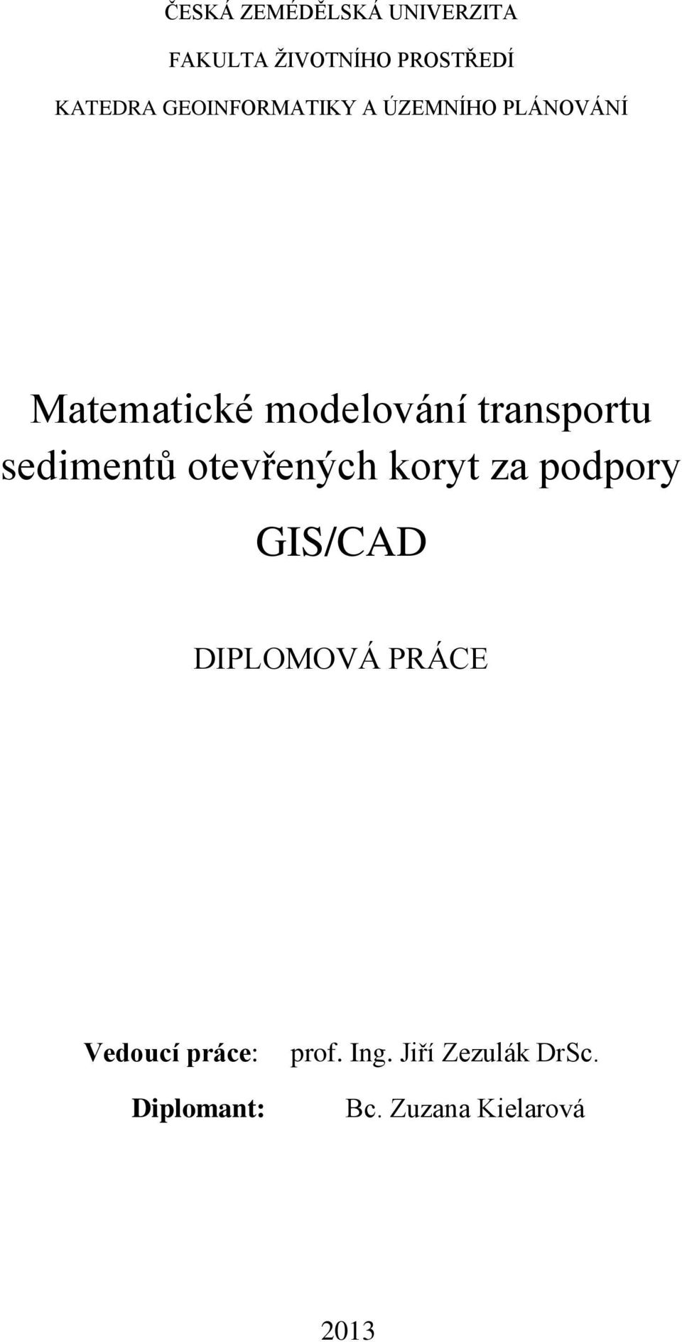 sedimentů otevřených koryt za podpory GIS/CAD DIPLOMOVÁ PRÁCE Vedoucí