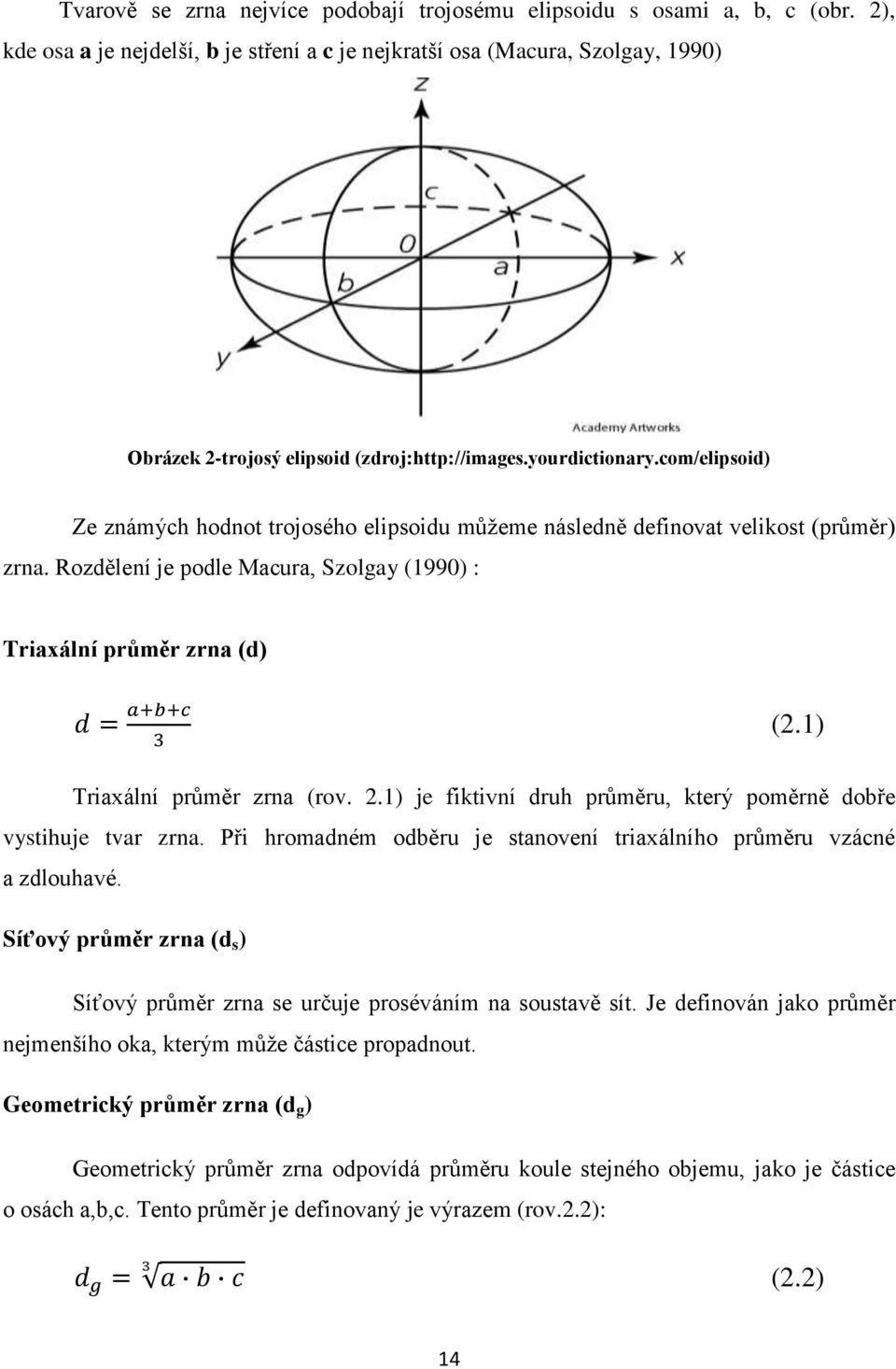 com/elipsoid) Ze známých hodnot trojosého elipsoidu můţeme následně definovat velikost (průměr) zrna. Rozdělení je podle Macura, Szolgay (1990) : Triaxální průměr zrna (d) (2.