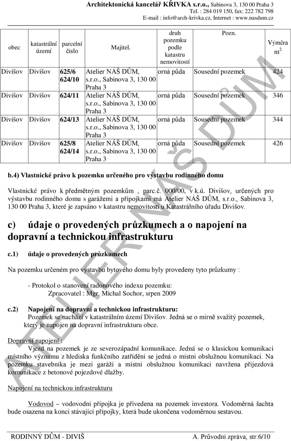 r.o., Sabinova 3, 130 00 Divišov Divišov 625/8 624/14 Atelier NÁŠ DŮM, s.r.o., Sabinova 3, 130 00 orná půda Sousední pozemek 426 b.