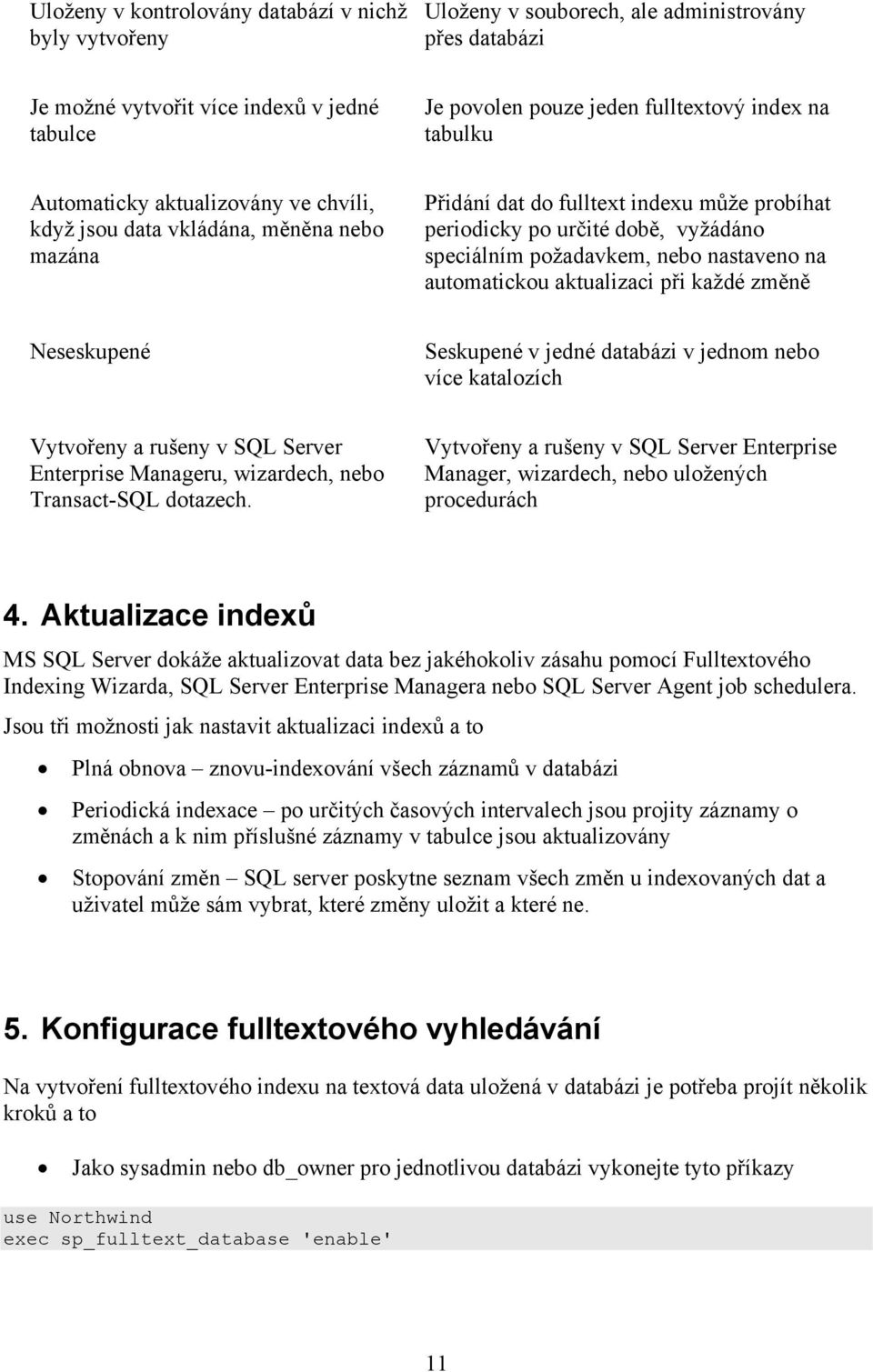 nastaveno na automatickou aktualizaci při každé změně Neseskupené Seskupené v jedné databázi v jednom nebo více katalozích Vytvořeny a rušeny v SQL Server Enterprise Manageru, wizardech, nebo