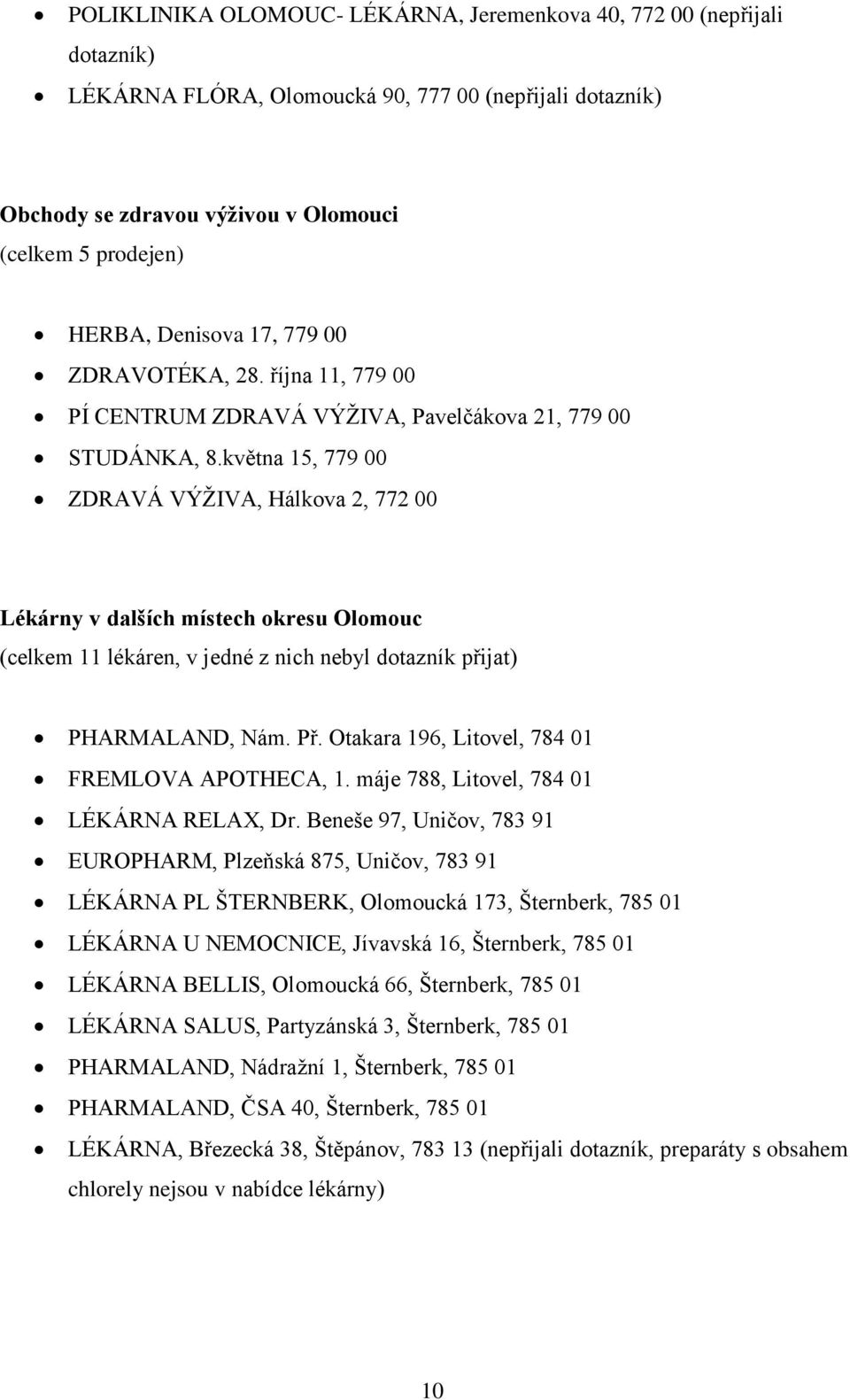 května 15, 779 00 ZDRAVÁ VÝŽIVA, Hálkova 2, 772 00 Lékárny v dalších místech okresu Olomouc (celkem 11 lékáren, v jedné z nich nebyl dotazník přijat) PHARMALAND, Nám. Př.