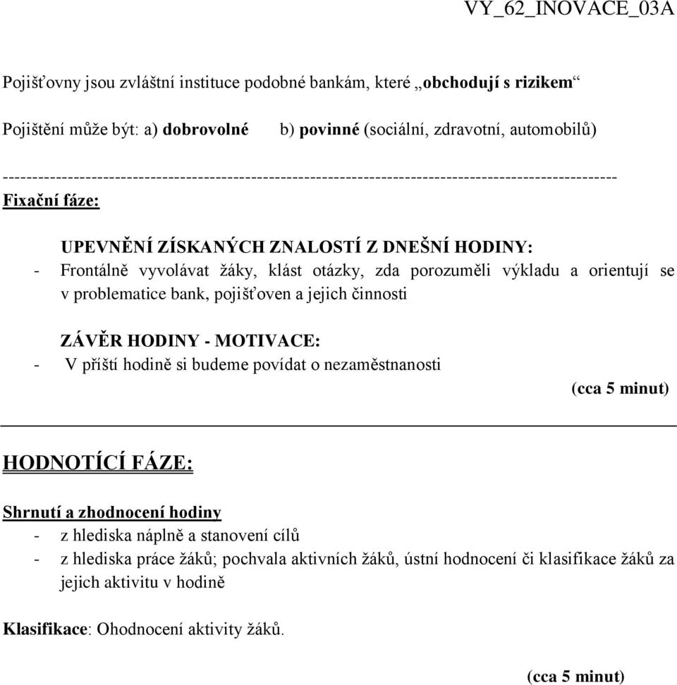 MOTIVACE: - V příští hodině si budeme povídat o nezaměstnanosti (cca 5 minut) HODNOTÍCÍ FÁZE: Shrnutí a zhodnocení hodiny - z hlediska náplně a stanovení cílů