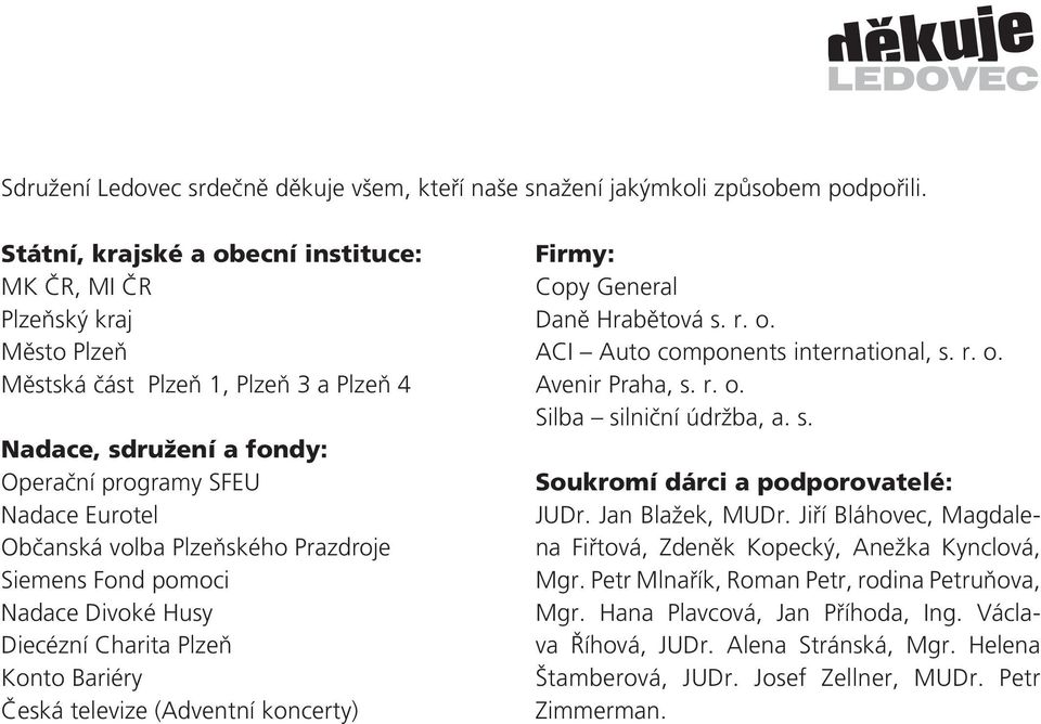 Plzeňského Prazdroje Siemens Fond pomoci Nadace Divoké Husy Diecézní Charita Plzeň Konto Bariéry Česká televize (Adventní koncerty) Firmy: Copy General Daně Hrabětová s. r. o.