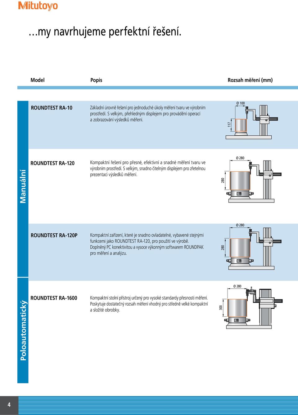 117 Ø 100 Poloautomatický Manuální ROUNDTEST RA-120 ROUNDTEST RA-120P ROUNDTEST RA-1600 Kompaktní řešení pro přesné, efektivní a snadné měření tvaru ve výrobním prostředí.