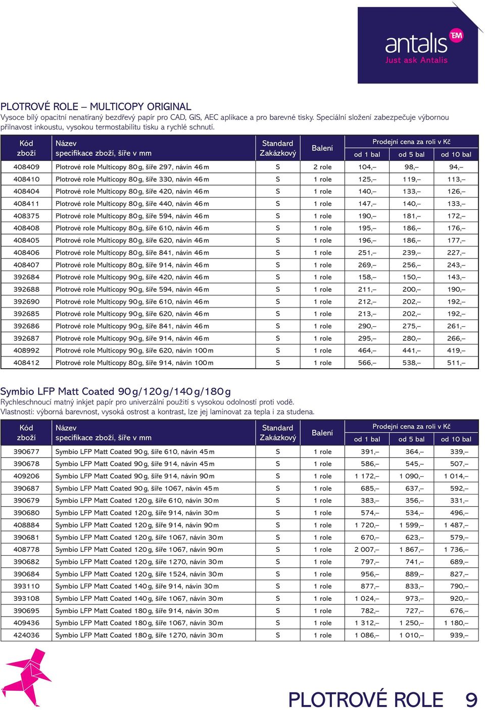 Kód Prodejní cena za roli v Kč zboží specifi kace zboží, šíře v mm od 1 bal od 5 bal od 10 bal 408409 Plotrové role Multicopy 80 g, šíře 297, návin 46 m S 2 role 104, 98, 94, 408410 Plotrové role