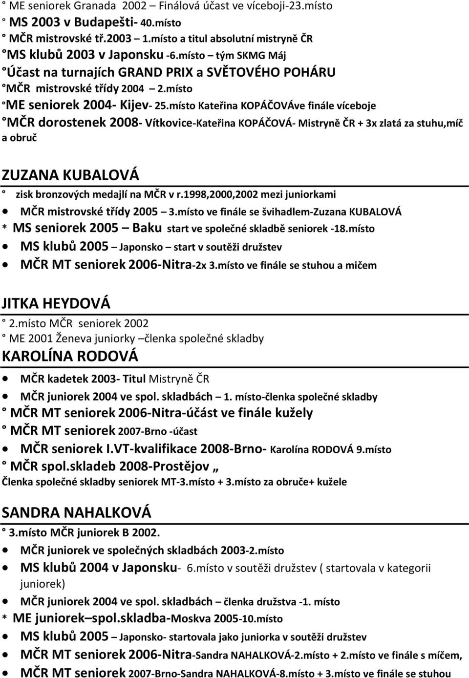 místo Kateřina KOPÁČOVÁve finále víceboje MČR dorostenek 2008 Vítkovice Kateřina KOPÁČOVÁ Mistryně ČR + 3x zlatá za stuhu,míč a obruč ZUZANA KUBALOVÁ zisk bronzových medajlí na MČR v r.