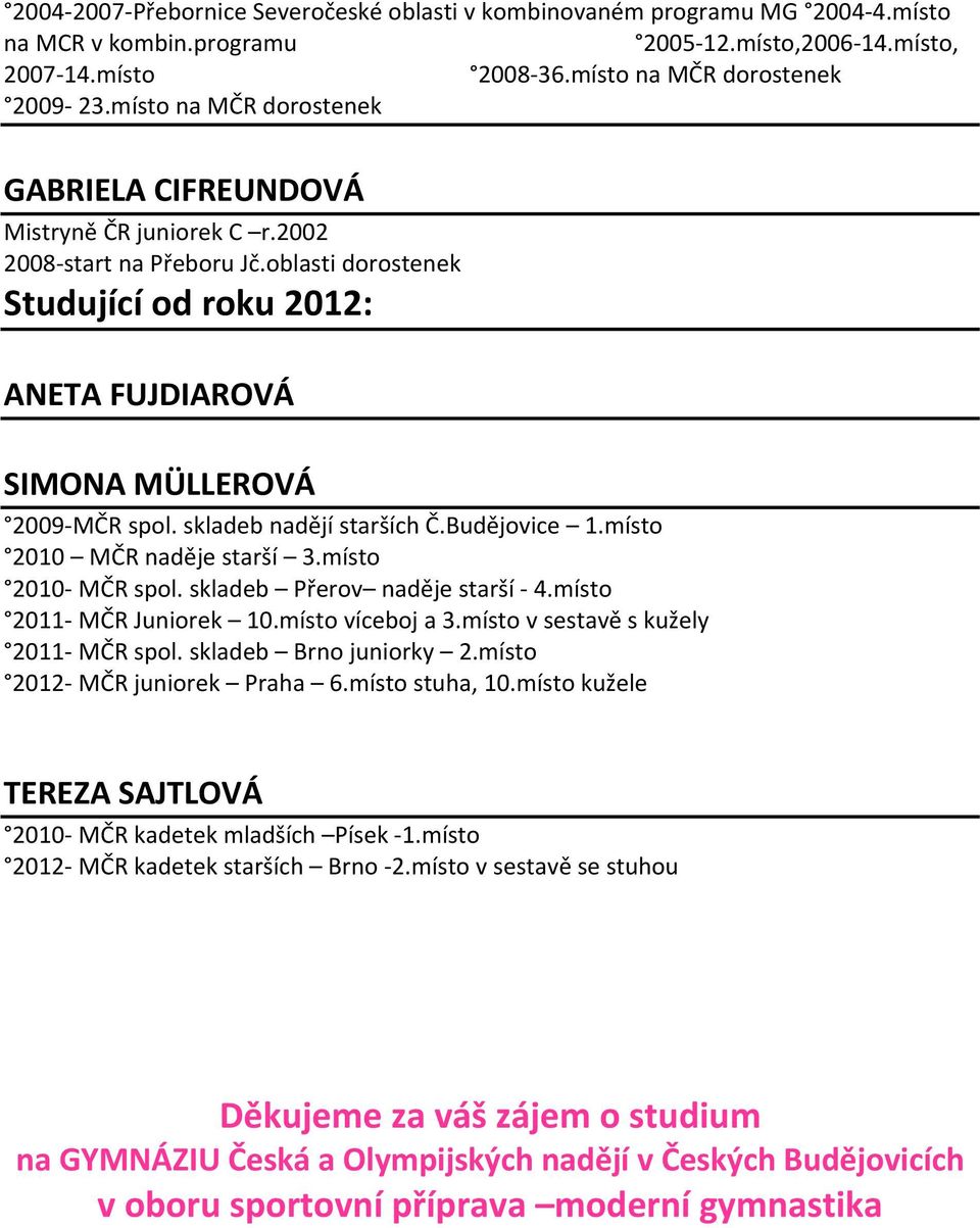 skladeb nadějí starších Č.Budějovice 1.místo 2010 MČR naděje starší 3.místo 2010 MČR spol. skladeb Přerov naděje starší 4.místo 2011 MČR Juniorek 10.místo víceboj a 3.