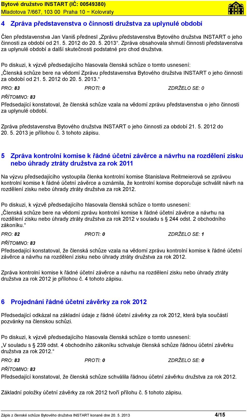 Po diskuzi, k výzvě předsedajícího hlasovala členská schůze o tomto usnesení: Členská schůze bere na vědomí Zprávu představenstva Bytového družstva INSTART o jeho činnosti za období od 21. 5.