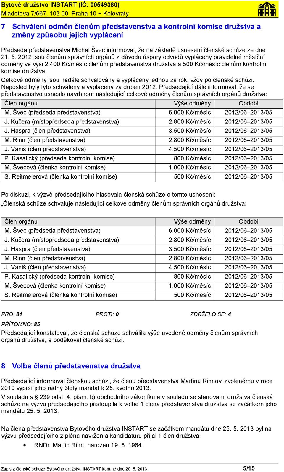 Celkové odměny jsou nadále schvalovány a vypláceny jednou za rok, vždy po členské schůzi. Naposled byly tyto schváleny a vyplaceny za duben 2012.