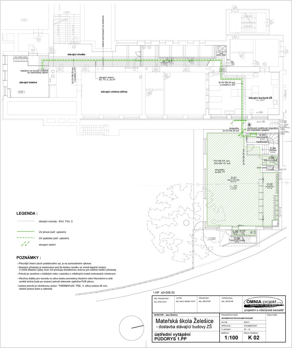 v souběhu s ZTI stávající učebna (dílna) stávající kuchyně ZŠ stoupačky 2x ÚV DN 20 izol B směšovač-rozdělovač (regulátor) pro nízkotlaké vytápění 0.