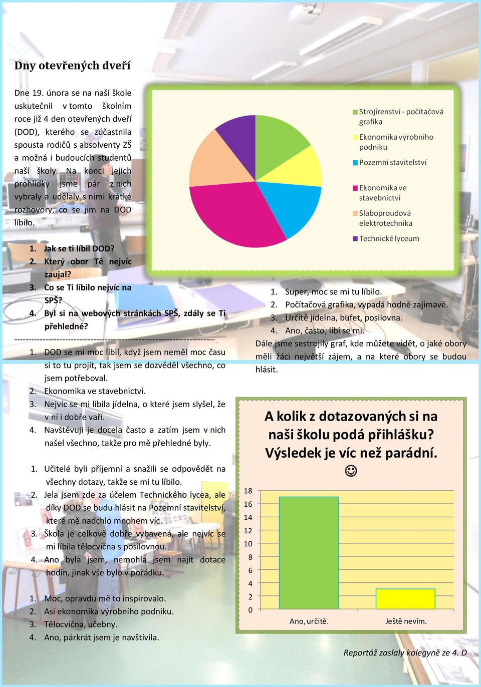 Na konci jejich prohlídky jsme pár z nich vybraly a udělaly s nimi krátké rozhovory, co se jim na DOD líbilo. 1. Jak se ti líbil DOD? 2. Který obor Tě nejvíc zaujal? 3. Co se Ti líbilo nejvíc na SPŠ?