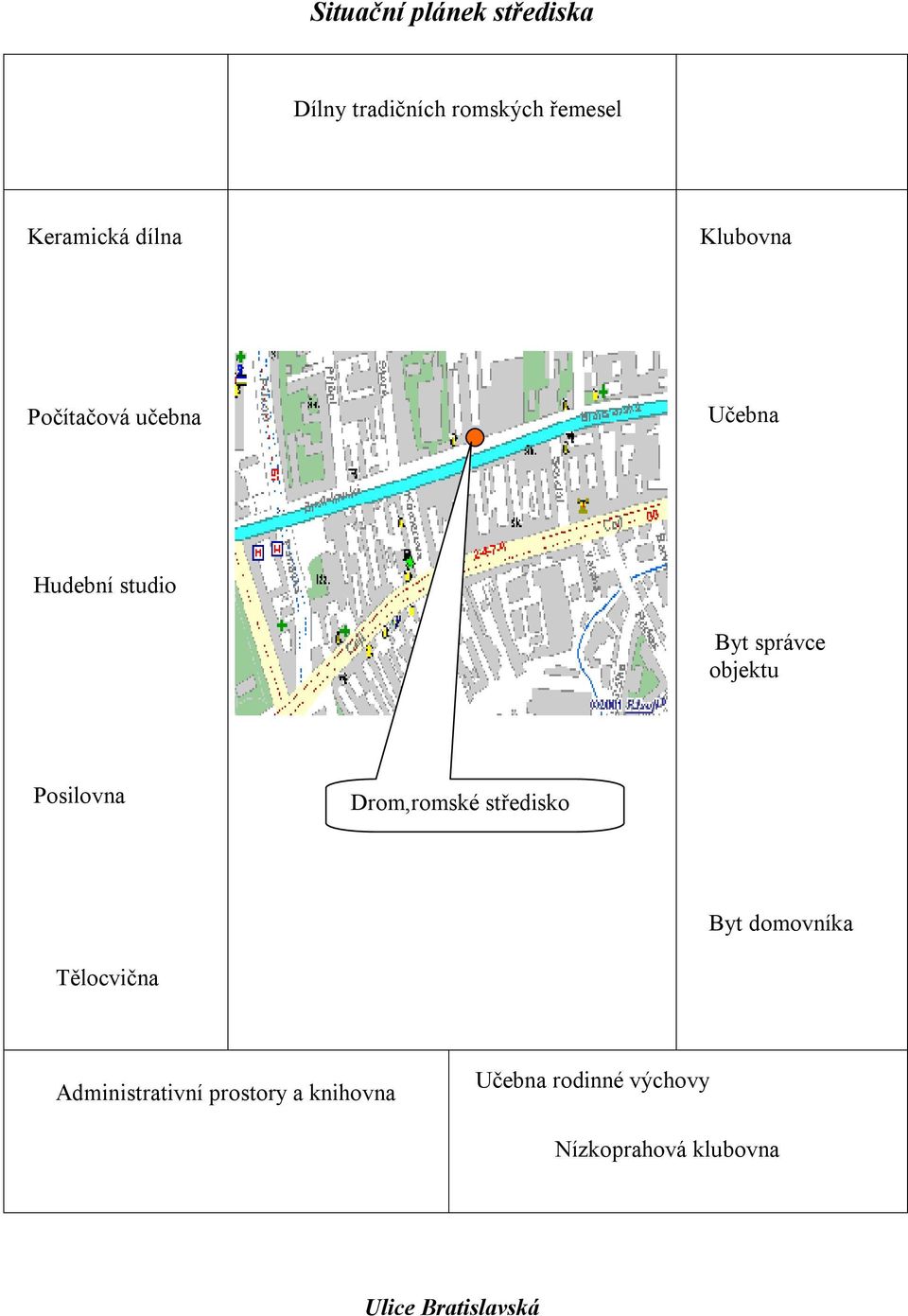 Posilovna Drom,romské středisko Byt domovníka Tělocvična Administrativní