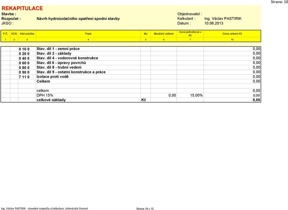 díl 4 - vodorovné konstrukce 0,00 0 80 0 Stav. díl 8 - trubní vedení 0,00 0 90 0 Stav.