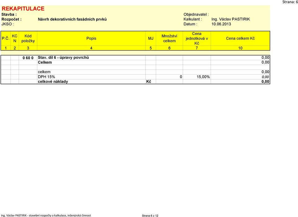 Celkem 0,00 0,00 DPH 15% 0 15,00% 0,00 celkové náklady Kč 0,00 Ing.