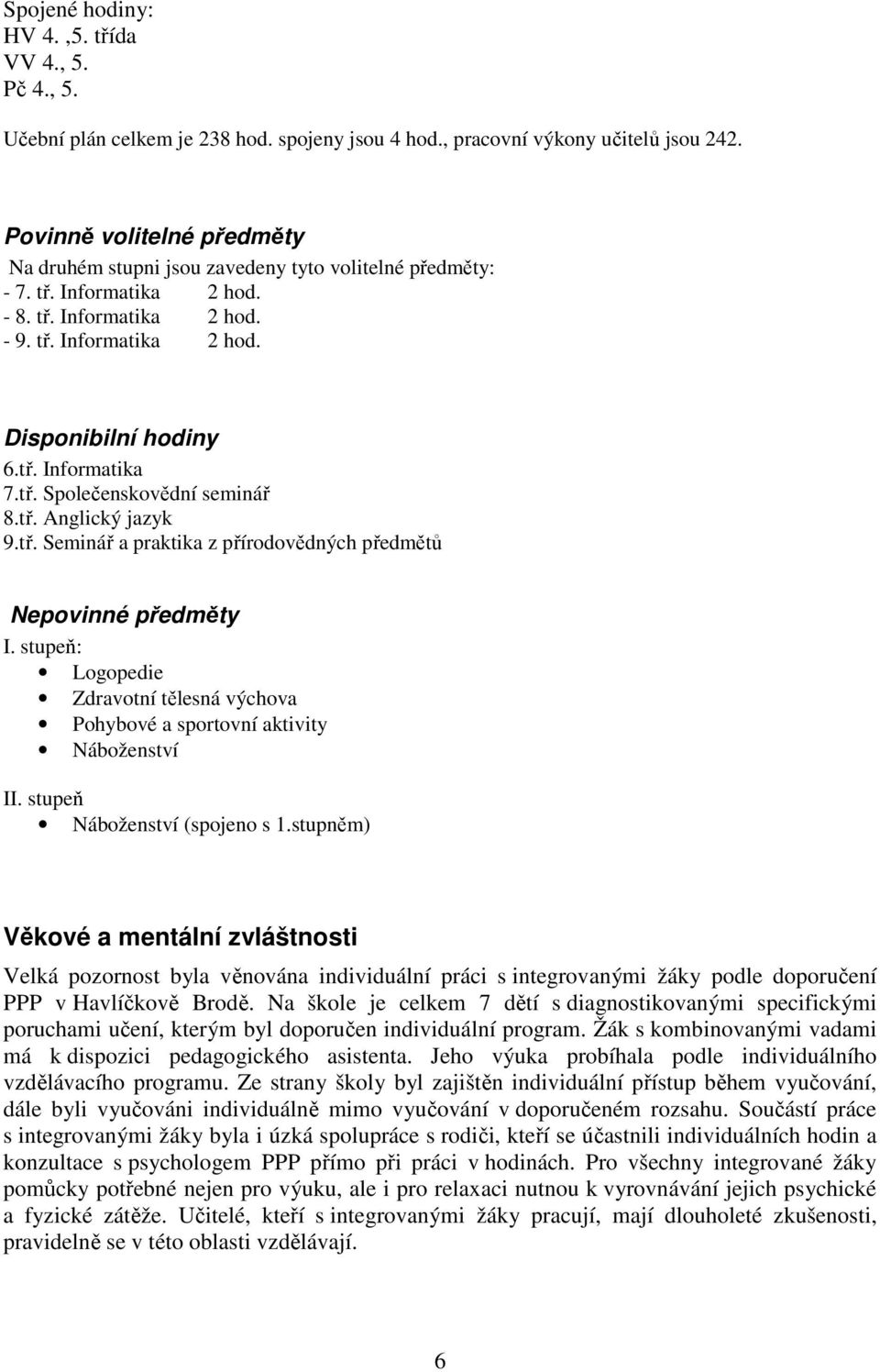 tř. Společenskovědní seminář 8.tř. Anglický jazyk 9.tř. Seminář a praktika z přírodovědných předmětů Nepovinné předměty I.