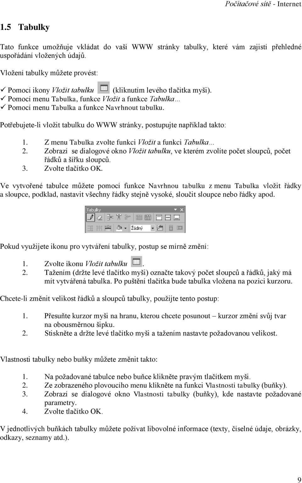 Potřebujete-li vložit tabulku do WWW stránky, postupujte například takto: 1. Z menu Tabulka zvolte funkci Vložit a funkci Tabulka 2.