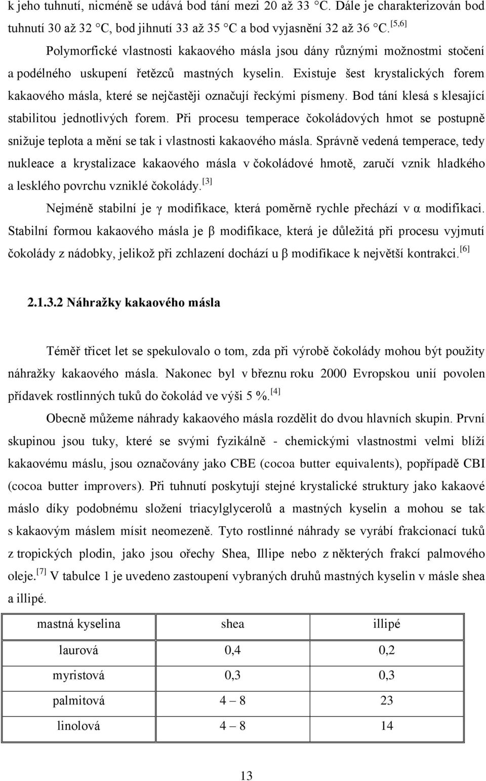 Existuje šest krystalických forem kakaového másla, které se nejčastěji označují řeckými písmeny. Bod tání klesá s klesající stabilitou jednotlivých forem.