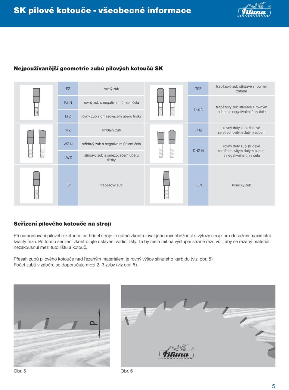 negativním úhlem čela střídavý zub s omezovačem úběru třísky DHZ N rovný dutý zub střídavě se střechovitým dutým zubem s negativními úhly čela TZ trapézový zub KON kónický zub Seřízení pilového