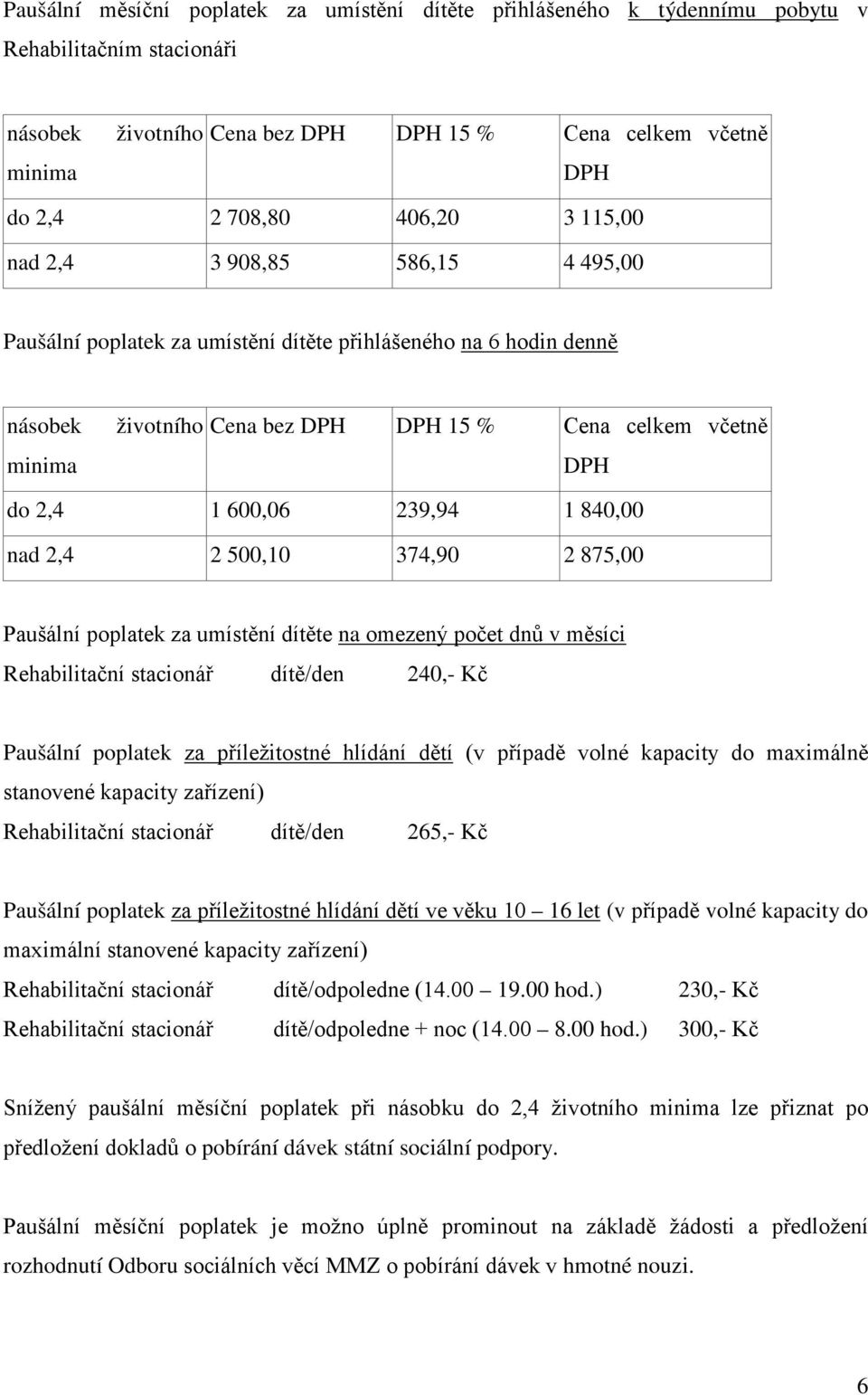 1 840,00 nad 2,4 2 500,10 374,90 2 875,00 Paušální poplatek za umístění dítěte na omezený počet dnů v měsíci Rehabilitační stacionář dítě/den 240,- Kč Paušální poplatek za příležitostné hlídání dětí