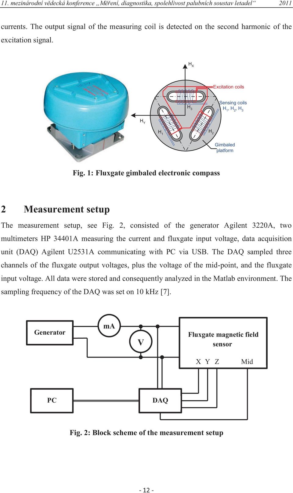 2, consisted of the generator Agilent 3220A, two multimeters HP 34401A measuring the current and fluxgate input voltage, data acquisition unit (DAQ) Agilent U2531A communicating with PC via USB.
