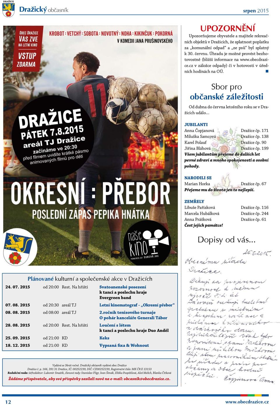 Sbor pro občanské záležitosti Od dubna do června letošního roku se v Dražicích událo JUBILANTI Anna Čopjanová Dražice čp. 171 Miluška Samcová Dražice čp. 138 Karel Polauf Dražice čp.