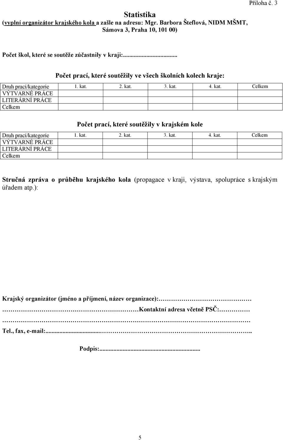 kat. 4. kat. Počet prací, které soutěžily v krajském kole Druh prací/kategorie 1. kat. 2. kat. 3. kat. 4. kat. Stručná zpráva o průběhu krajského kola (propagace v kraji, výstava, spolupráce s krajským úřadem atp.