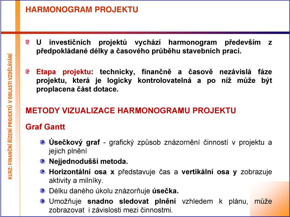 METODY VIZUALIZACE HARMONOGRAMU PROJEKTU Graf Gantt Úsečkový graf - grafický způsob znázornění činností v projektu a jejich plnění Nejjednodušší metoda.