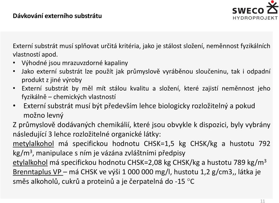 které zajistí neměnnost jeho fyzikálně chemických vlastností Externí substrát musí být především lehce biologicky rozložitelný a pokud možno levný Z průmyslově dodávaných chemikálií, které jsou