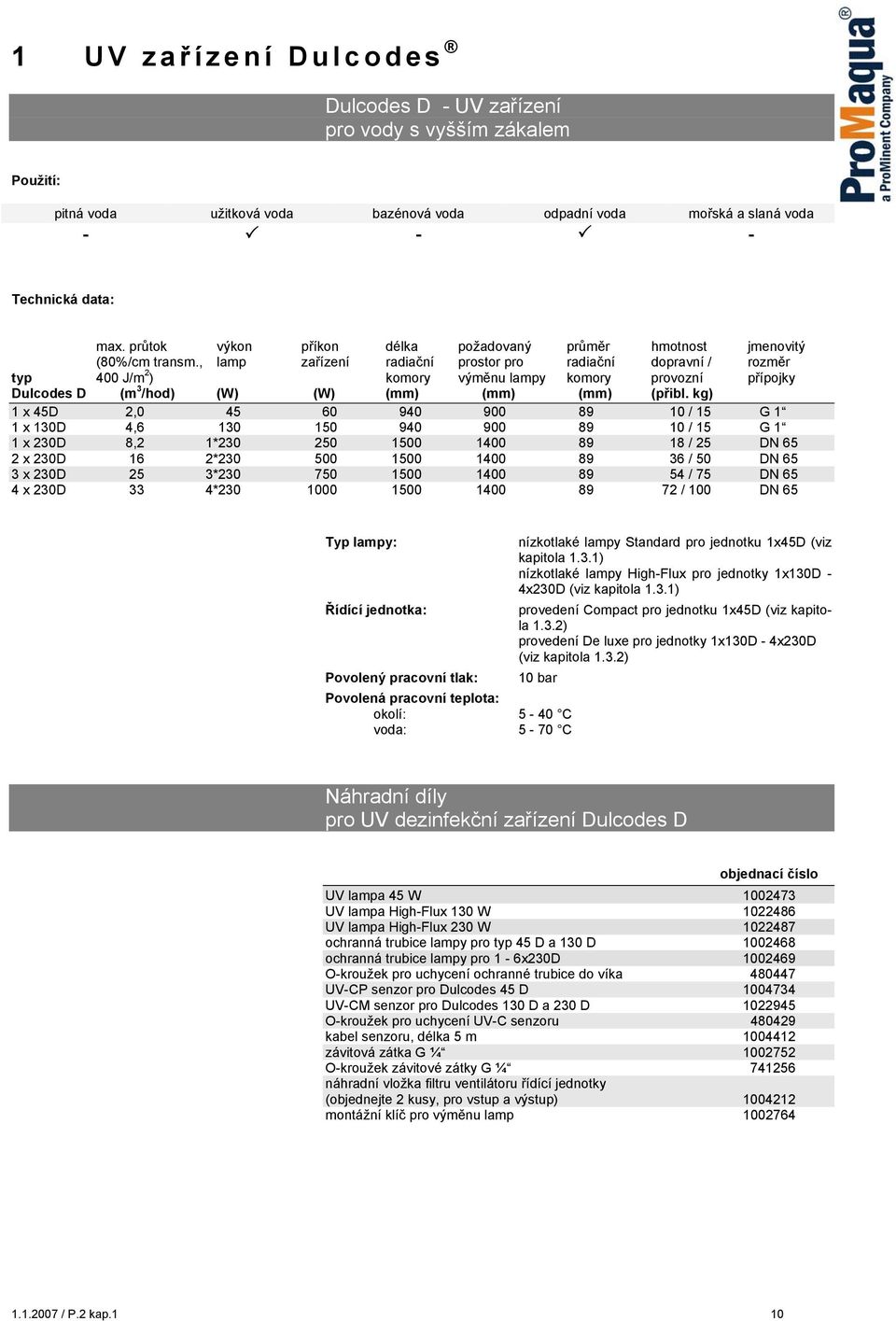 , lamp zařízení radiační prostor pro radiační dopravní / rozměr typ 400 J/m 2 ) komory výměnu lampy komory provozní přípojky Dulcodes D (m 3 /hod) (W) (W) (mm) (mm) (mm) (přibl.