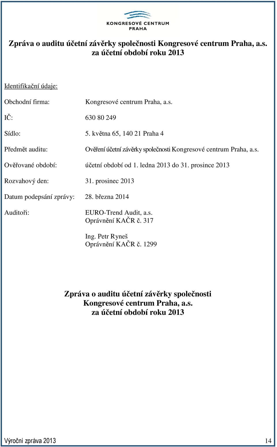 ledna 2013 do 31. prosince 2013 Rozvahový den: 31. prosinec 2013 Datum podepsání zprávy: 28. března 2014 Auditoři: EURO-Trend Audit, a.s. Oprávnění KAČR č. 317 Ing.