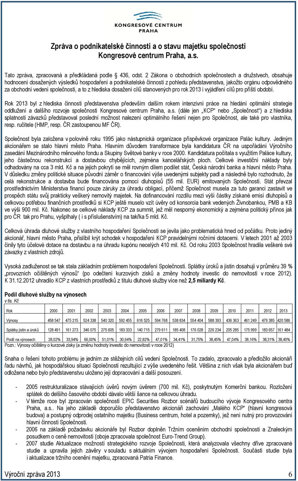 společnosti, a to z hlediska dosažení cílů stanovených pro rok 2013 i vyjádření cílů pro příští období.