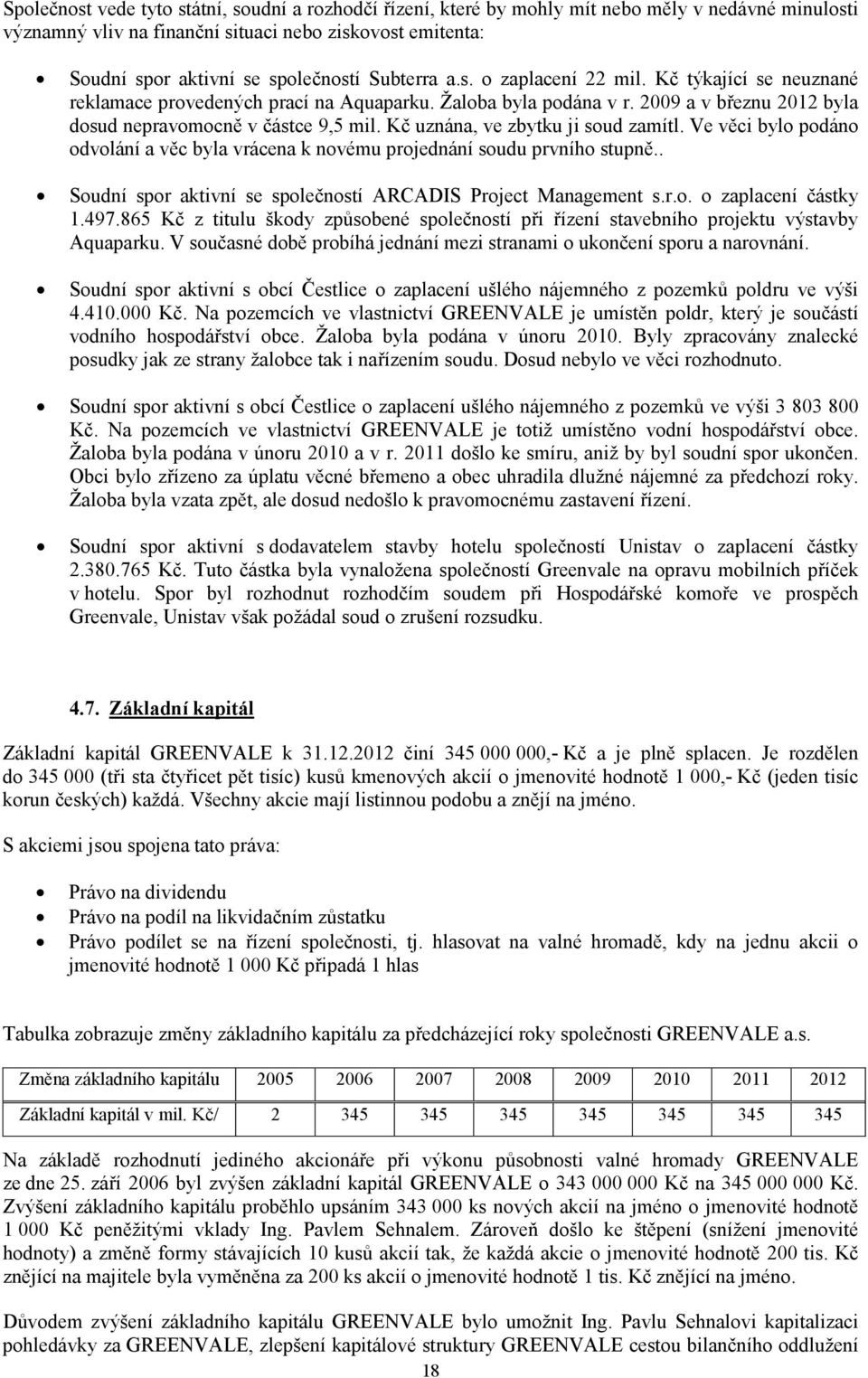 Kč uznána, ve zbytku ji soud zamítl. Ve věci bylo podáno odvolání a věc byla vrácena k novému projednání soudu prvního stupně.. Soudní spor aktivní se společností ARCADIS Project Management s.r.o. o zaplacení částky 1.