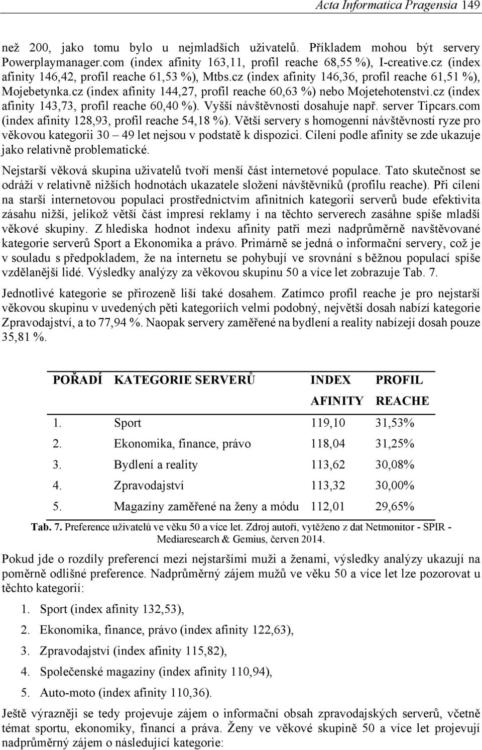 cz (index afinity 143,73, profil reache 60,40 %). Vyšší návštěvnosti dosahuje např. server Tipcars.com (index afinity 128,93, profil reache 54,18 %).