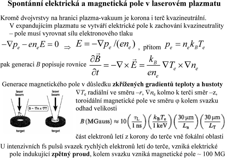 E = e pak generaci B popisuje rovnice Generace magnetického pole v důsledku zkřížených gradientů teploty a hustoty T e radiální ve směru r, n e kolmo k terči směr z, toroidální magnetické pole