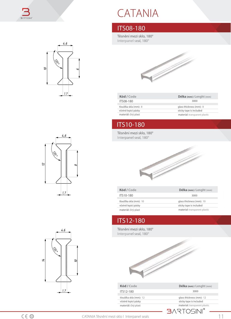 Těsnění mezi sklo, 180 Interpanel seal, 180 135 8 1,7 ITS-180 Délka (mm) / Lenght (mm) tloušťka skla (mm): glass thickness (mm): včetně lepicí pásky sticky tape is included materiál: čirý plast